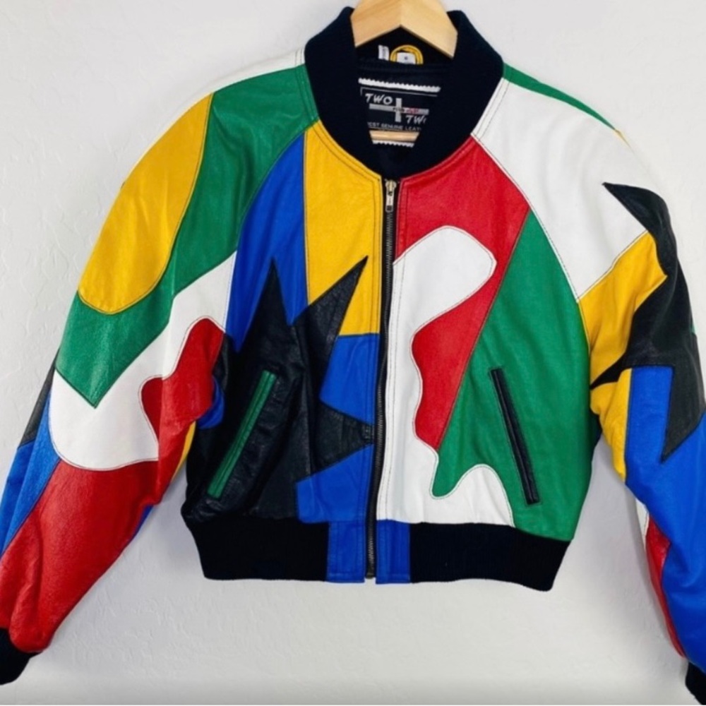 Vintage Funky leather color block jacket